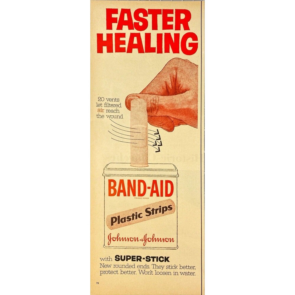 Johnson & Johnson Band-Aid Plastic Stripes "with Super-Stick" Print Ad 1957
